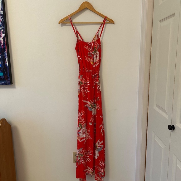 See You Monday Red Tropical Print Maxi Dress with Waist Tie | Size Medium - Picture 6 of 8